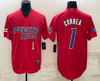 Mens Puerto Rico Baseball #1 Carlos Correa Number 2023 Red World Baseball Classic Stitched Jerseys